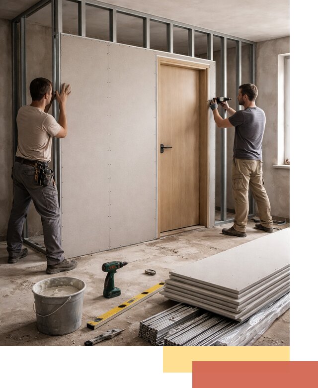 Перегородка из гипсокартона с дверью под ключ в Пскове