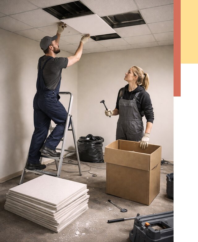 Демонтаж потолочной плитки в Пскове от 4568 руб. быстро и недорого | ОТДЕЛОЧНИК-Пск