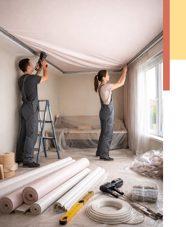 Монтаж цветного натяжного потолка в Пскове от 4263 руб/м² — быстро и недорого | ОТДЕЛОЧНИК-Пск