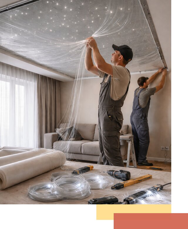 Монтаж натяжного потолка «Звездное небо» в Пскове