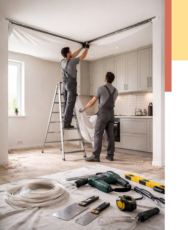 Установка натяжного потолка на кухне в Пскове от 2436 руб. | ОТДЕЛОЧНИК-Пск