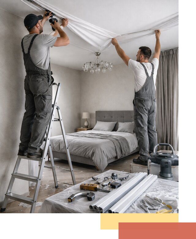 Монтаж натяжного потолка в спальне в Пскове