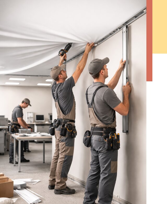 Монтаж натяжного потолка в офисе в Пскове от 457 руб/м² — быстро и недорого | ОТДЕЛОЧНИК-Пск