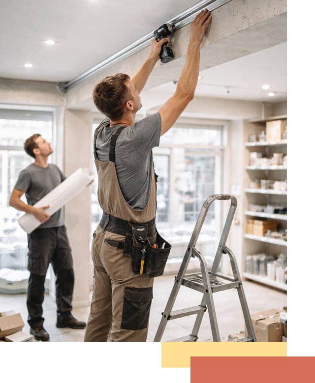 Монтаж натяжных потолков в магазине в Пскове