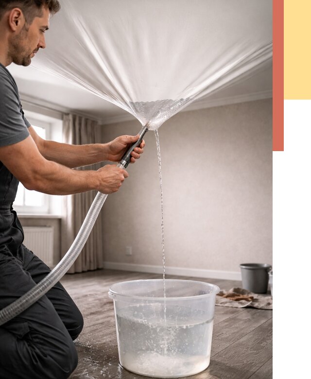 Слив воды с натяжного потолка в Пскове от 2538 руб. быстро и недорого | ОТДЕЛОЧНИК-Пск