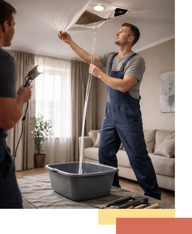 Слив воды с натяжного потолка в Пскове быстро и аккуратно