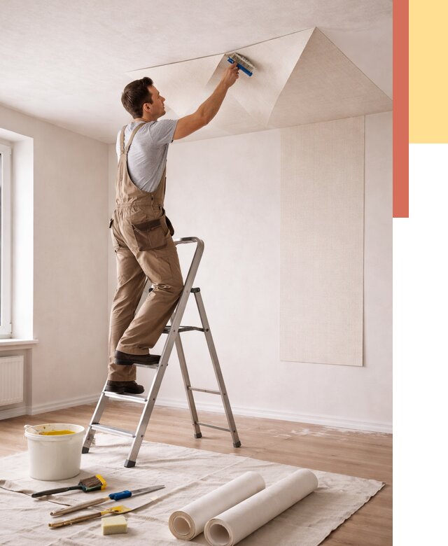 Поклейка обоев на потолок в Пскове от 4568 руб. быстро и недорого | ОТДЕЛОЧНИК-Пск